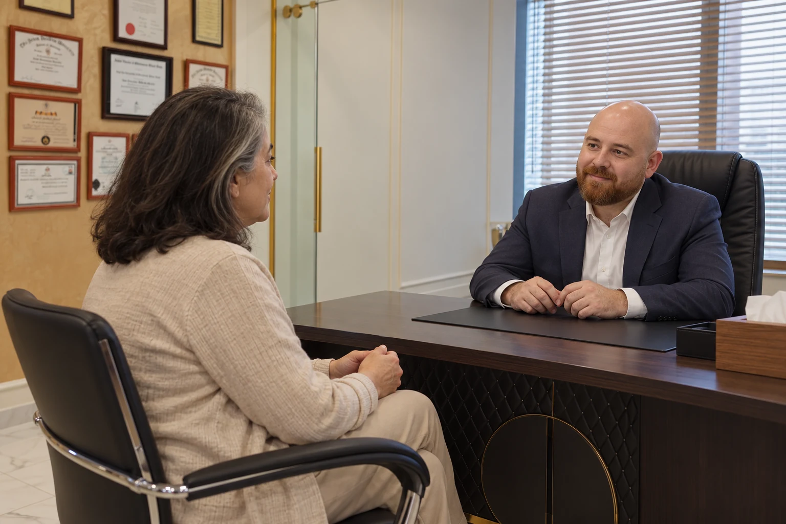 Illustrative consultation between Dr. Anas Abdullah and a mature woman seated opposite him in an Amman clinic setting.