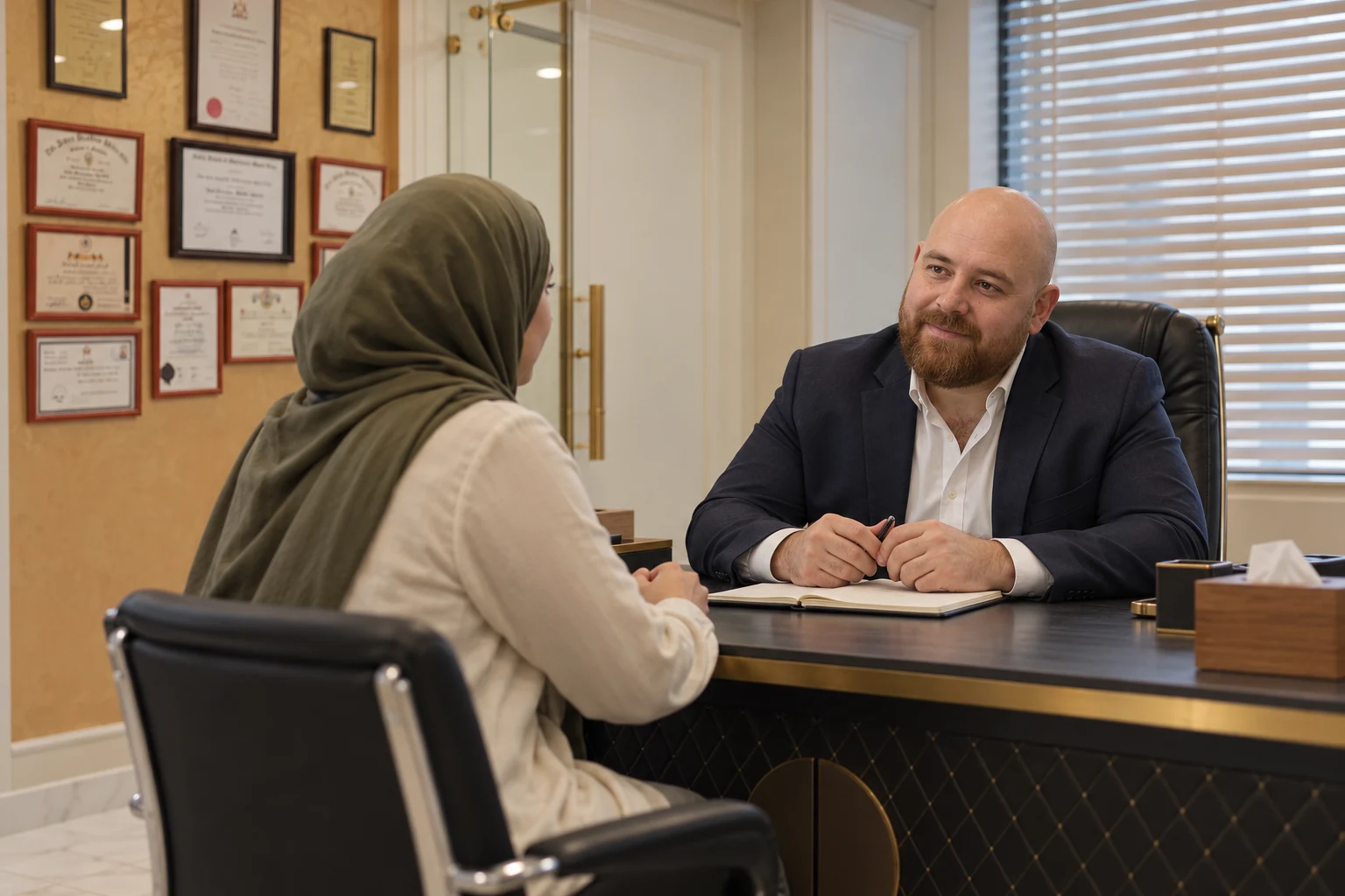 Illustrative consultation between Dr. Anas Abdullah and a woman seated opposite him in a clinic setting based on his Amman office.