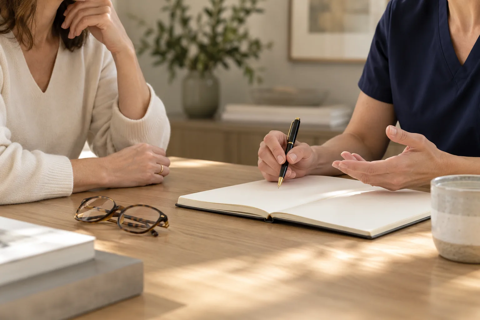 Illustrative hands, notebook and water at a consultation table