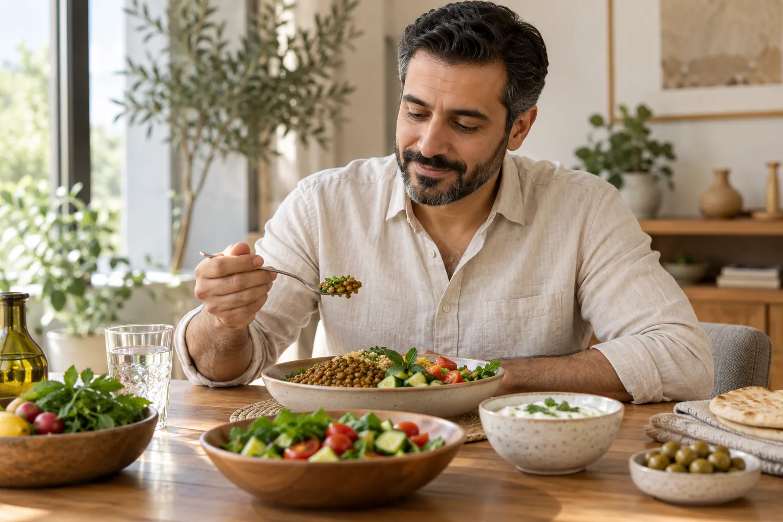 An adult man with a balanced meal at home; AI-generated scene, not a real patient